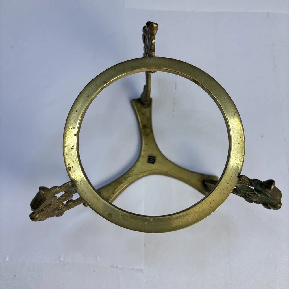 MCM Three Dragon Brass Etched Stand With Glass‎ Candle Holder Tripod India 7